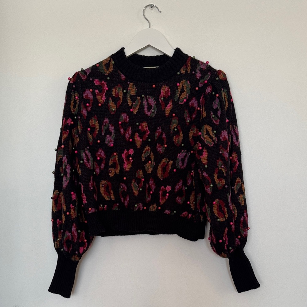 RARE Beaded FARM Rio Multicolor Patterned Leopard Print Sweater - Picture 4 of 7